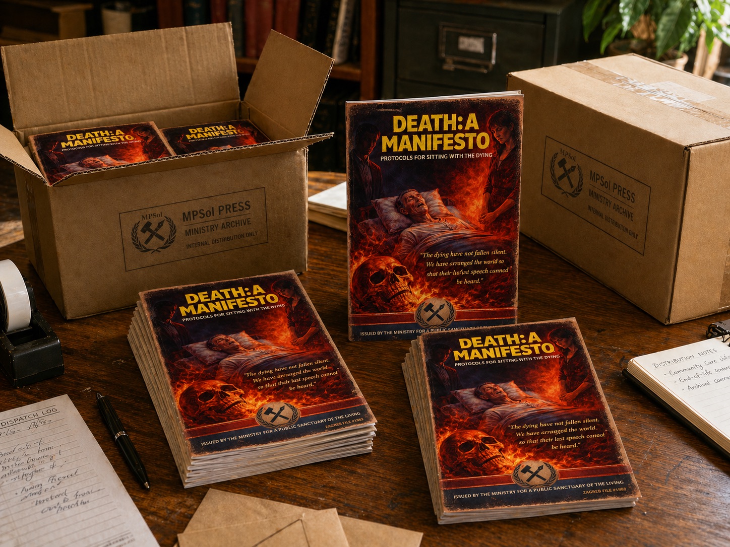 Stack of DEATH: A MANIFESTO copies